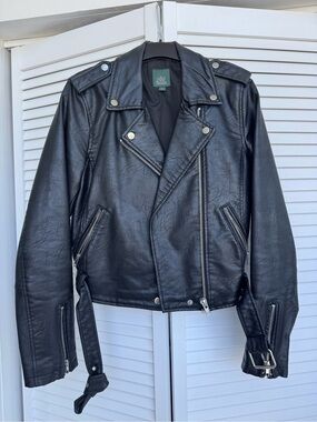 wild fable Black Faux Leather Moto Jacket with Belted Waist